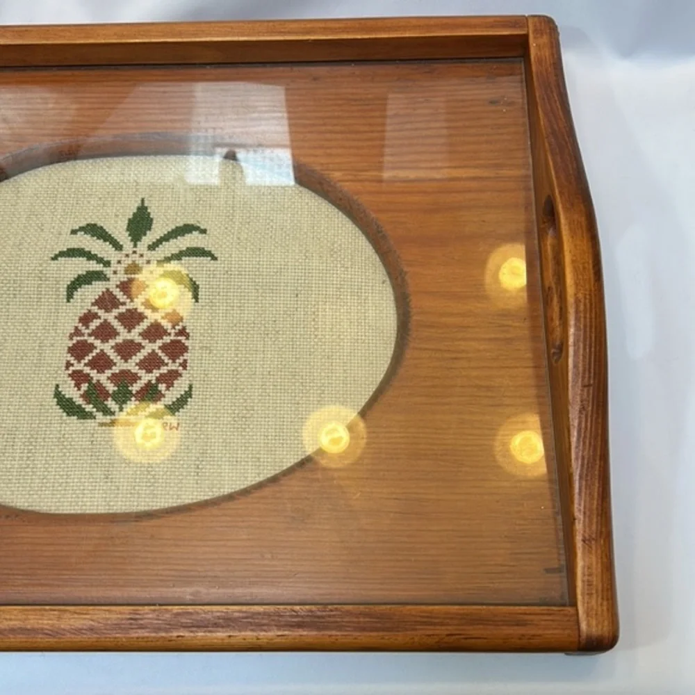 Wooden Tray with Glass Top Covering a Hand Cross Stitched Pineapple